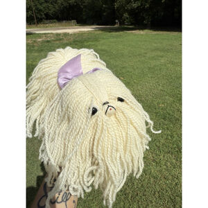 Vtg Puppy Dog Yarn Shelf Sitter White Shaggy Purple Lilac Bow Southwest Novelty